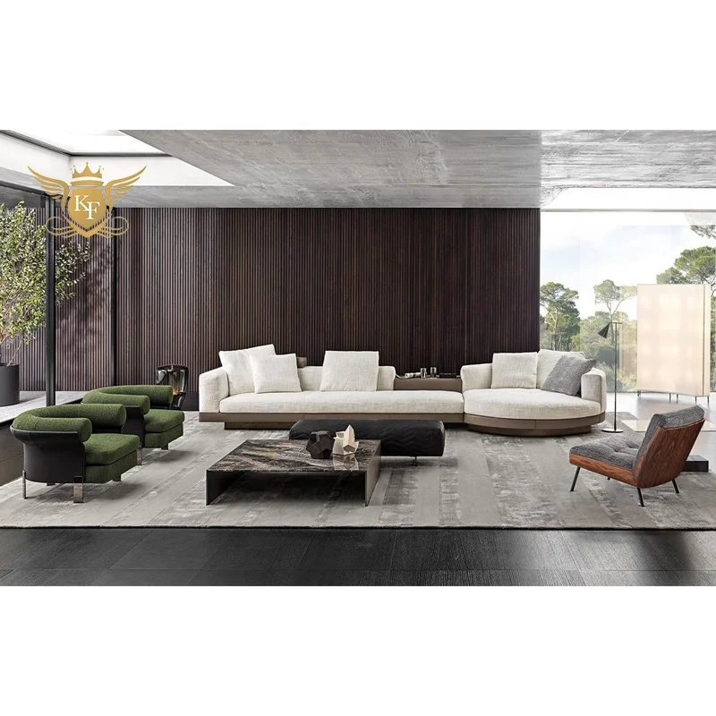 Hot Sale Italian Design Living Room Furniture L Shape Fabric Sofa Set Modern Modular Sectional Sofa Villa Round Corner Sofas