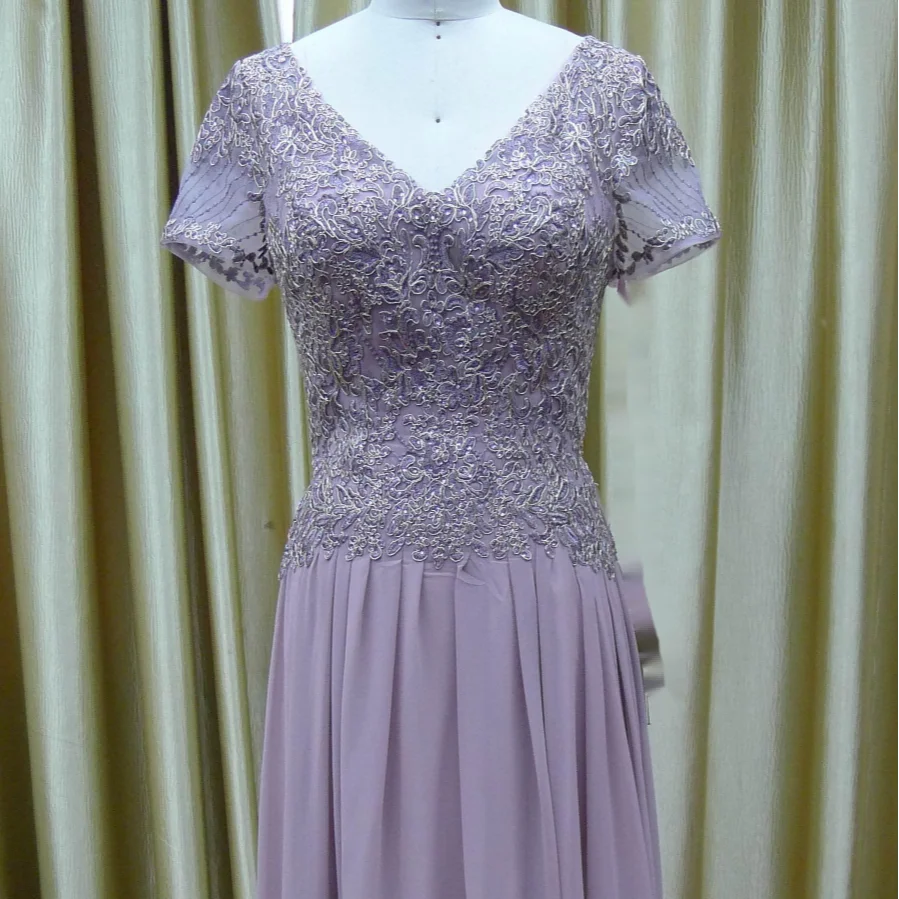 Lilac champagne mauve lace embroidered A-line chiffon Mother of The Bride Dresses with sleeves
