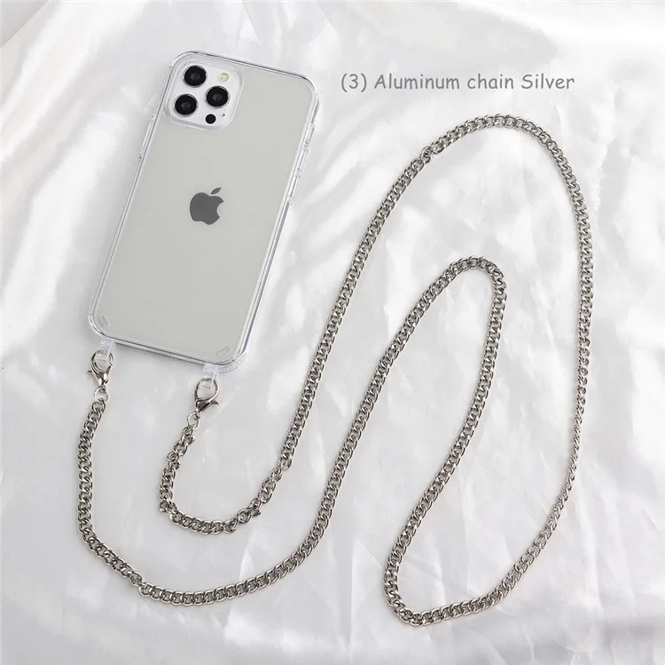 
Softness Tpu Cell Phone Covers For Iphone X 11 12 pro max Necklace Crossbody Phone Case With Stainless Steel Chain 