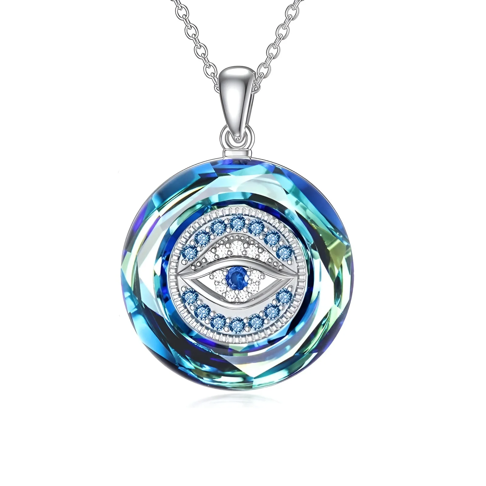 925 Sterling Silver Fantasy Evil Of Eye Necklace Round Crystal Blue Evil Of Eye Necklace For Women