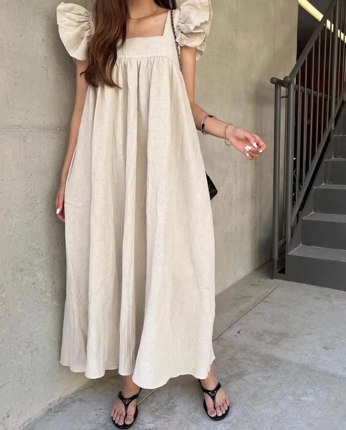 L6760  New 2024 Korean Fashion Solid Color Sweet Fly Sleeve Square Neck Casual Dress Women Clothing 5