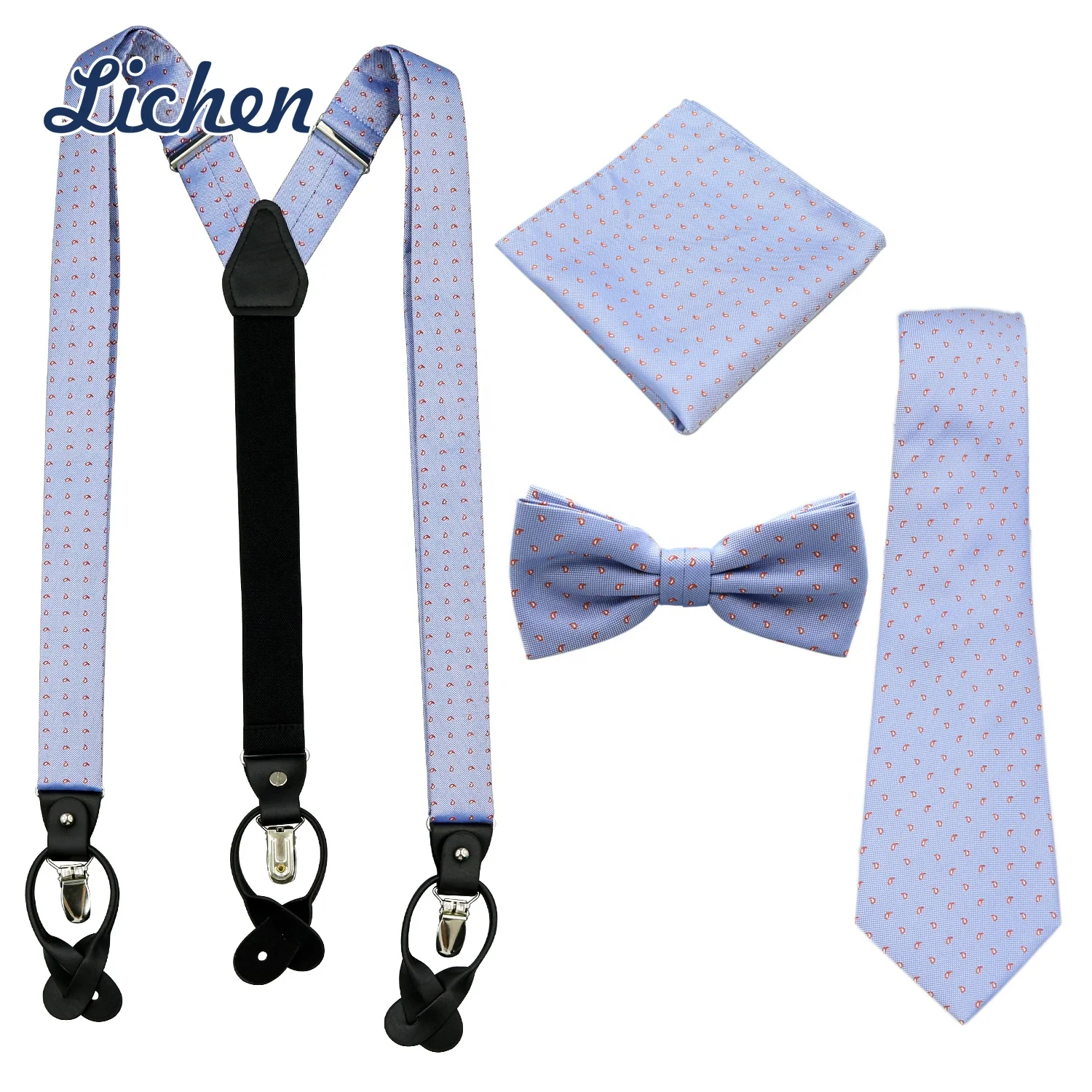 Men Paisley Suspender and Bow Tie Necktie Set with Floral Pocket Square Y Shape 3 Clips Braces
