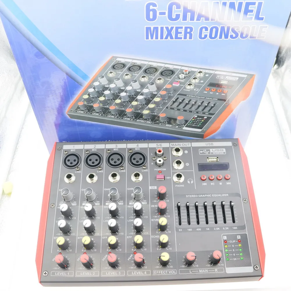 Pro MG6 6 Microphone Input Channel Professional Sound Audio Stage Home Studio Live Mixng Wireless EQ USB 48V Console Mixer