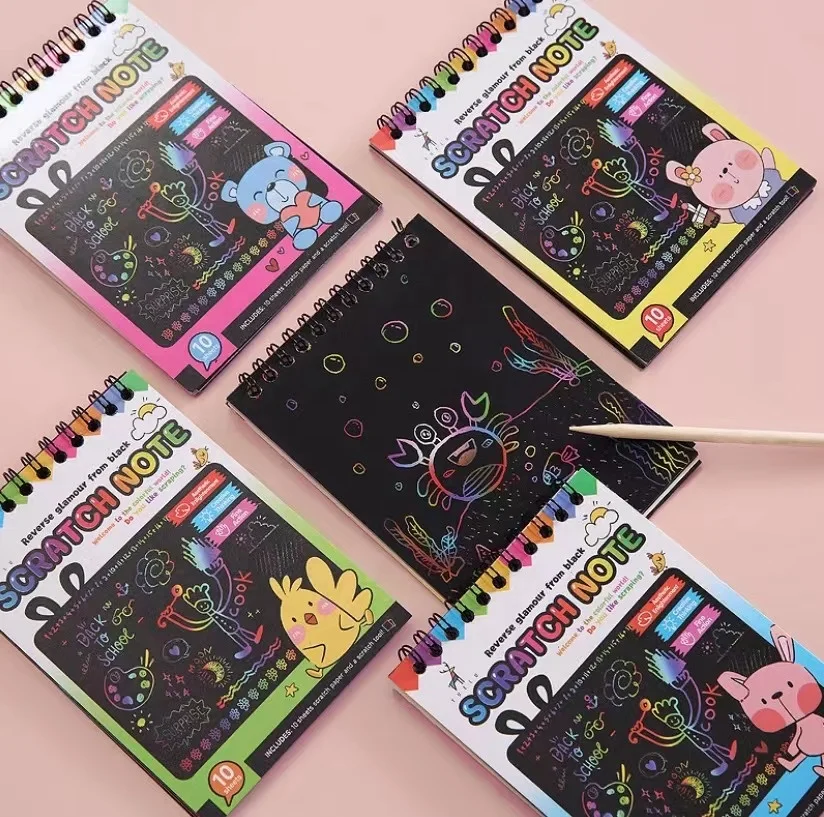 Scratch Arts Drawing Notebook Sketch Books for Kids Cartoon Art Supplies Large Rainbow Scratch Paper Note with Bamboo Sticks