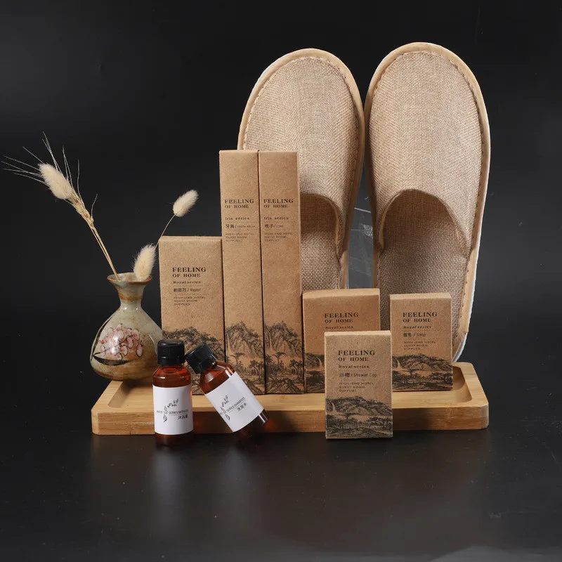 High quality toothbrush luxury custom spa slippers hotel room amenities set for hotel