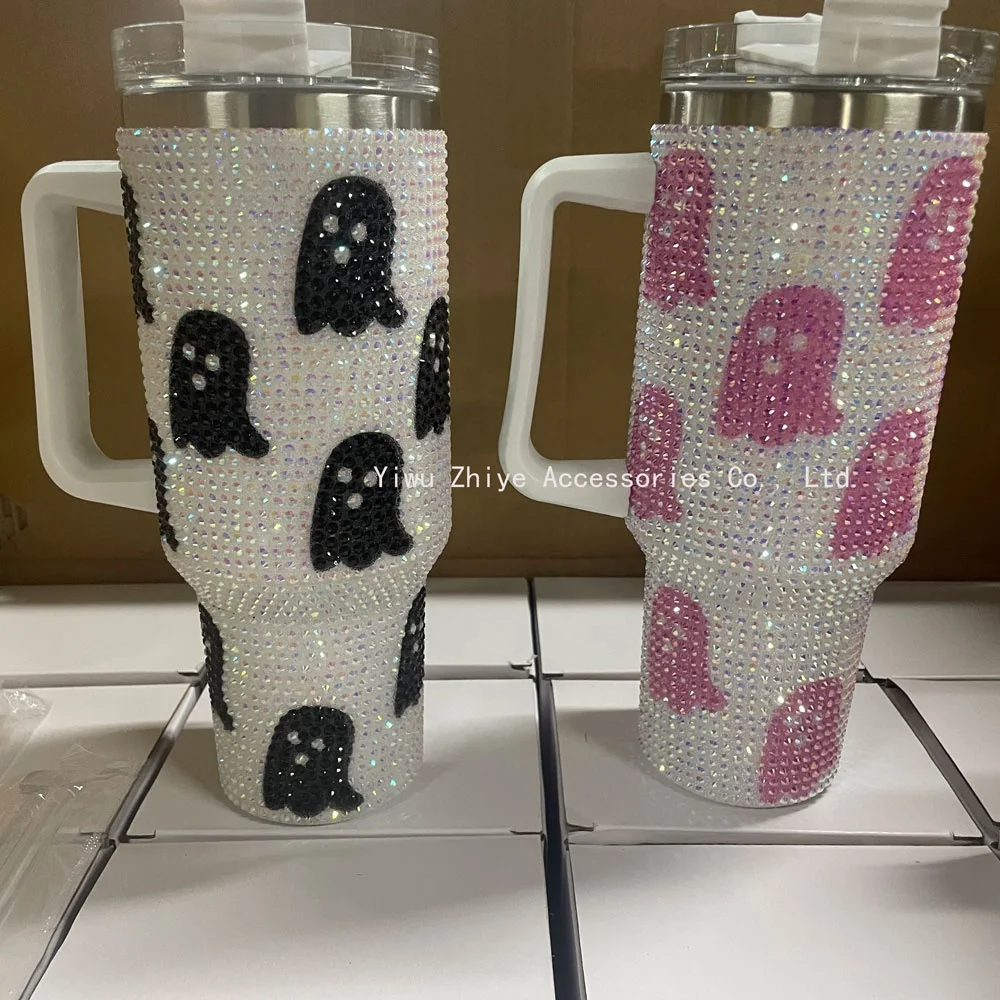 Black Spooky Halloween Full Bling Scream Cup 40 oz Bling Rhinestone Ghost Face Tumbler Cute Ghost Glitter Rhinestone Tumbler