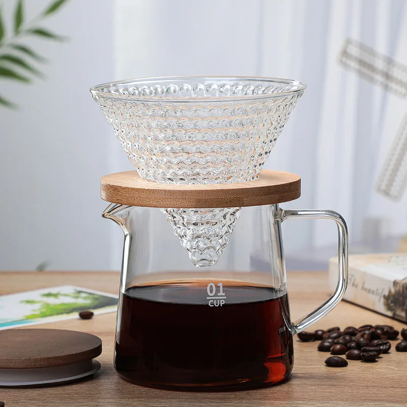 Hot sale 300ml 500ml Microwave Safe & Heat Resistant Glass Coffee Server For Pour Over Coffee pot With Acacia Wood Lid