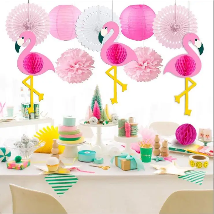 
Tropical Pink Flamingo Party Decoration, Poms Paper Flowers Tissue Paper Fan Paper Lanterns for Hawaiian Summer Beach Party 