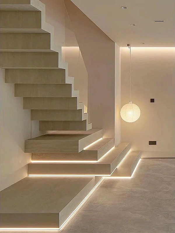 ECT 2023 Indoor Modern Design Wood Tread with lights Floating Staircase