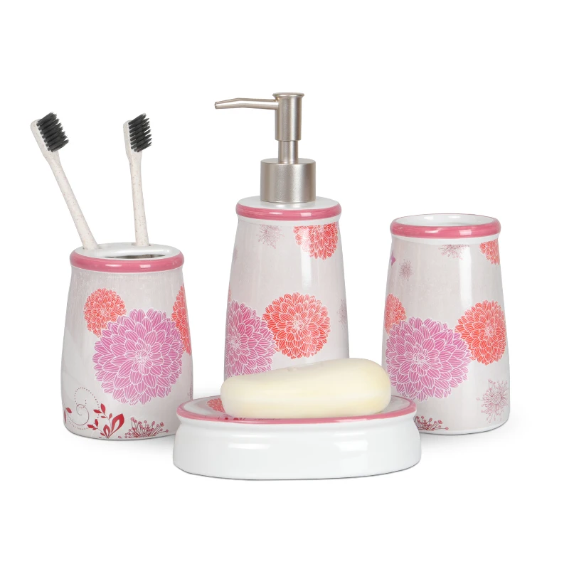 Printed Bathroom Set 4 Piece Ceramic Bathroom Accessories Set of Soap Dispenser Toothbrush Holder Tumbler Soap Dish