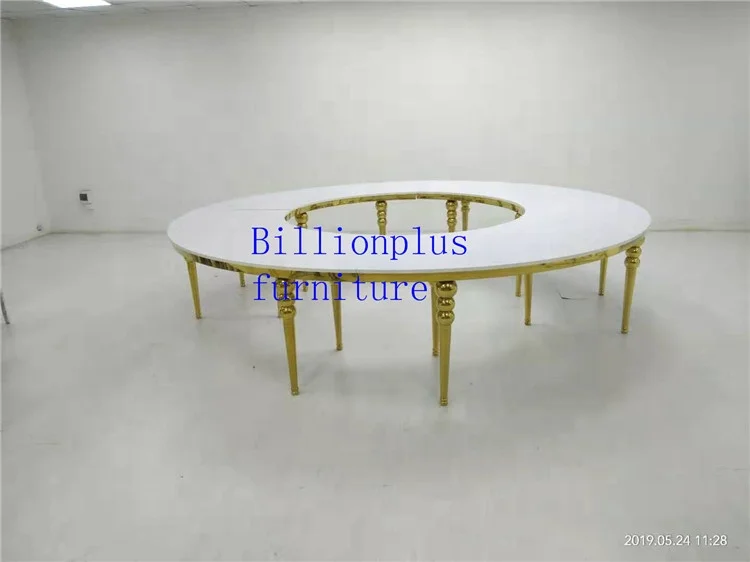 Modern Half Moon Wedding Table with Semicircle Hollow Out Mirror Glass Stainless Steel Dining Room Furniture