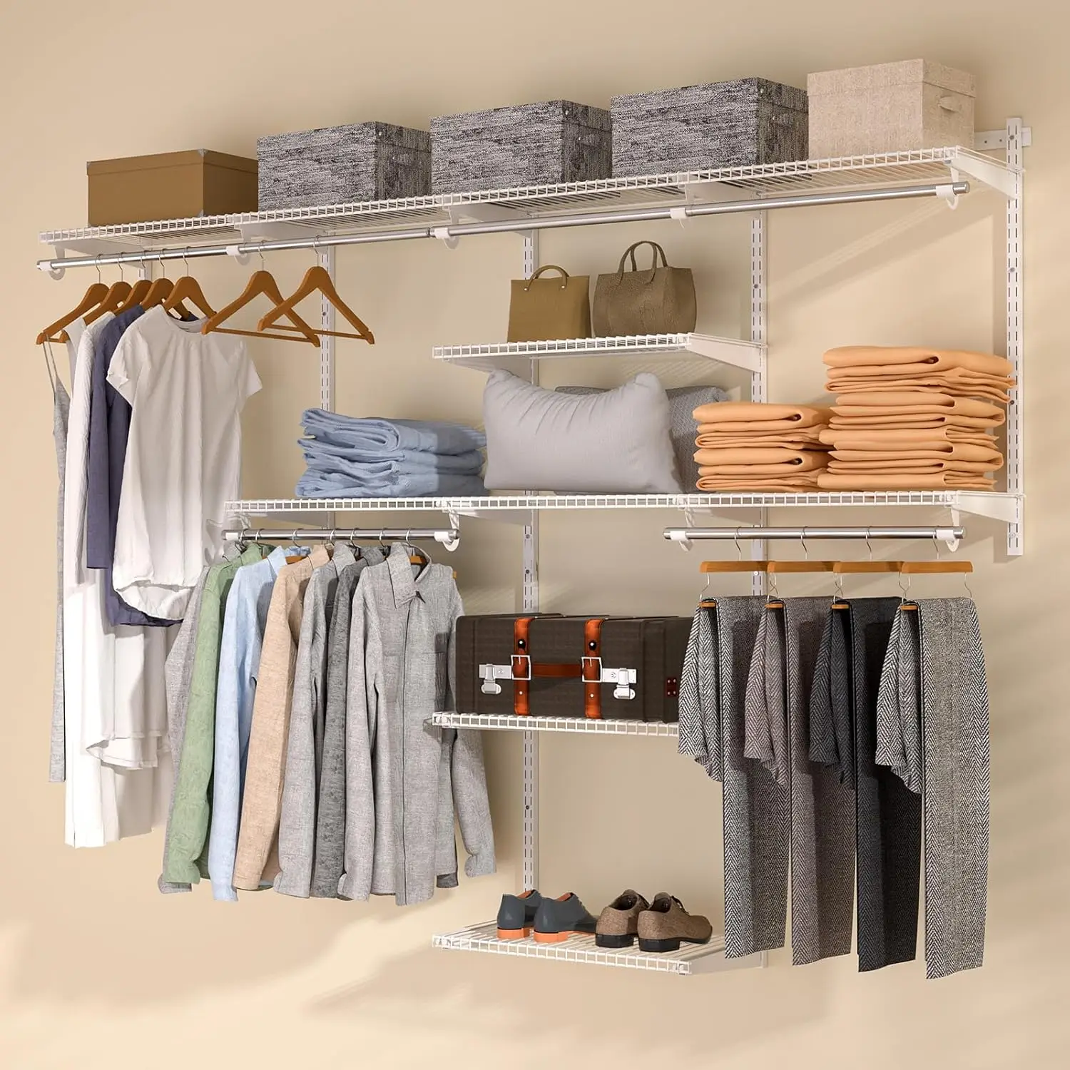 Wall Mounted 4-8 Feet Adjustable & Expandable Metal Wardrobe Walking Wire Hanging Clothes Rack Open Closet Storage Organization