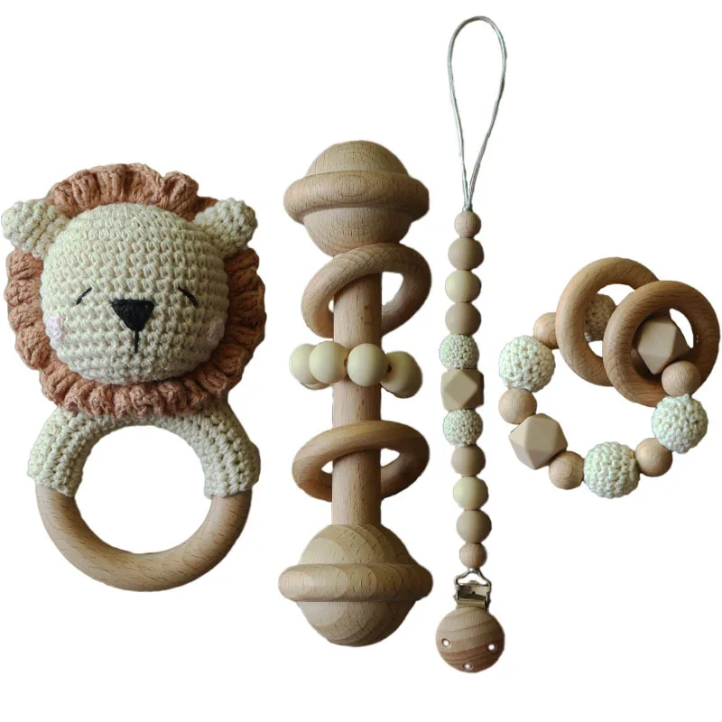 4Pcs Set Cute Animal Lion Handmade Crochet eco teether Wooden Toys organic cotton Teething Ring Wood Rattle Baby Teether