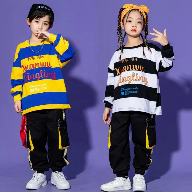 Kids Kpop Teen Hip Hop Clothing Stripe Sweatshirt Tops Cargo Pants Streetwear For Girl Boy Jazz Dance Costume Showing Clothes