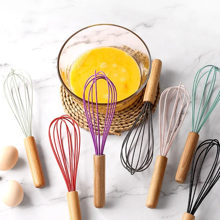 Kitchen accessories gadgets custom logo wooden handle 8 10 12 inch manual egg whip wire whisk for whisking