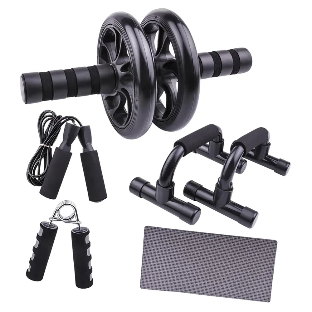 Home Gym Workout AB Wheel Roller Kit with Push-Up Bar, Knee Mat, Jump Rope and Hand Gripper for Men Women Core Strength