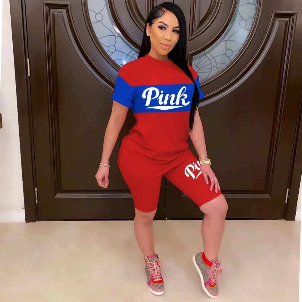 Fashion Pink Letter Printing Suit Short Sleeve T-shirt Leggings Women Two piece Shorts Set 2 piece set women