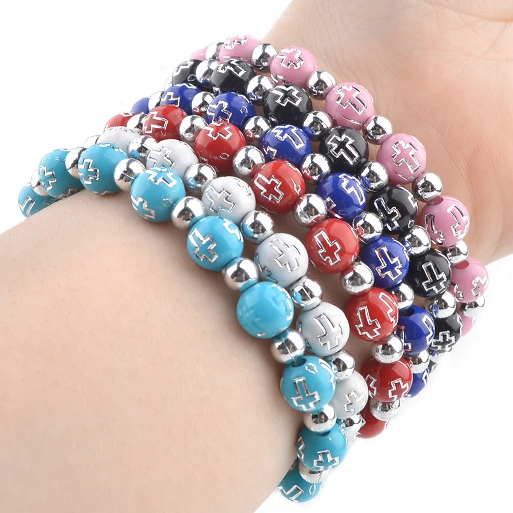 Multi-color Plastic Beads 8mm Cheap Cross Bracelets Strong  Elastic Rope Catholic Bracelets With Rose Medal