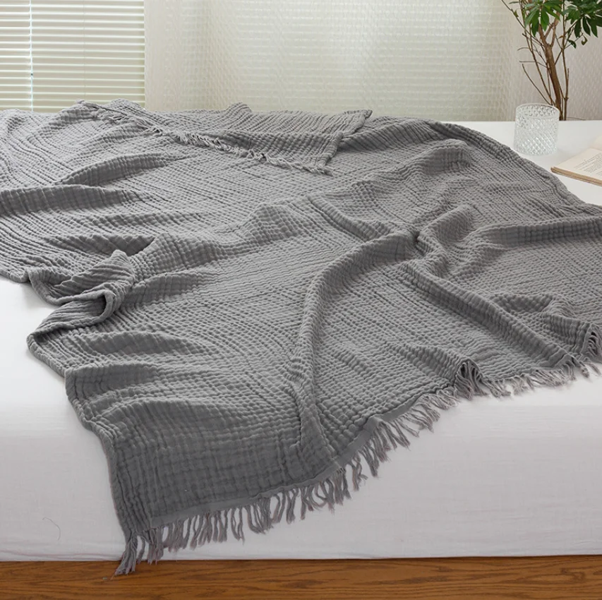 Soft Thick Reversible  100%  Cotton  gauze  4-Layers Fringed  wrinkle Muslin Throw Blanket For Adult or Kids