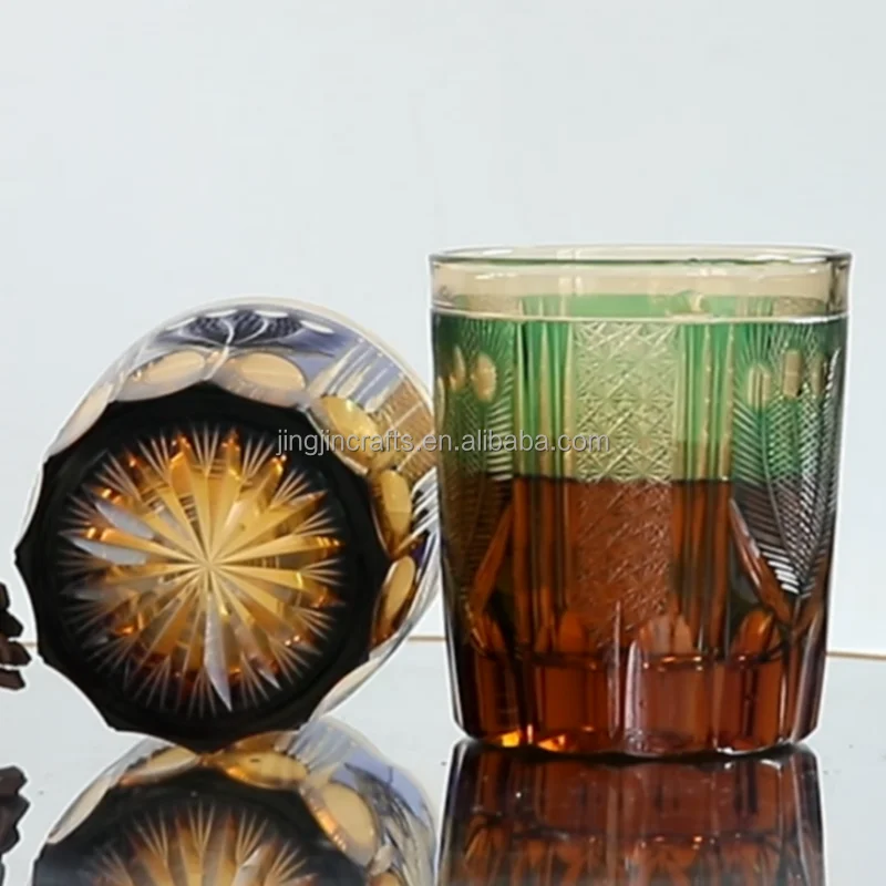 240 ml Pair Of Green Blue Hand Carved  Whiskey Glasses Peacock Edo Kiriko old fashioned glass with gift box for Brandy Bourbon