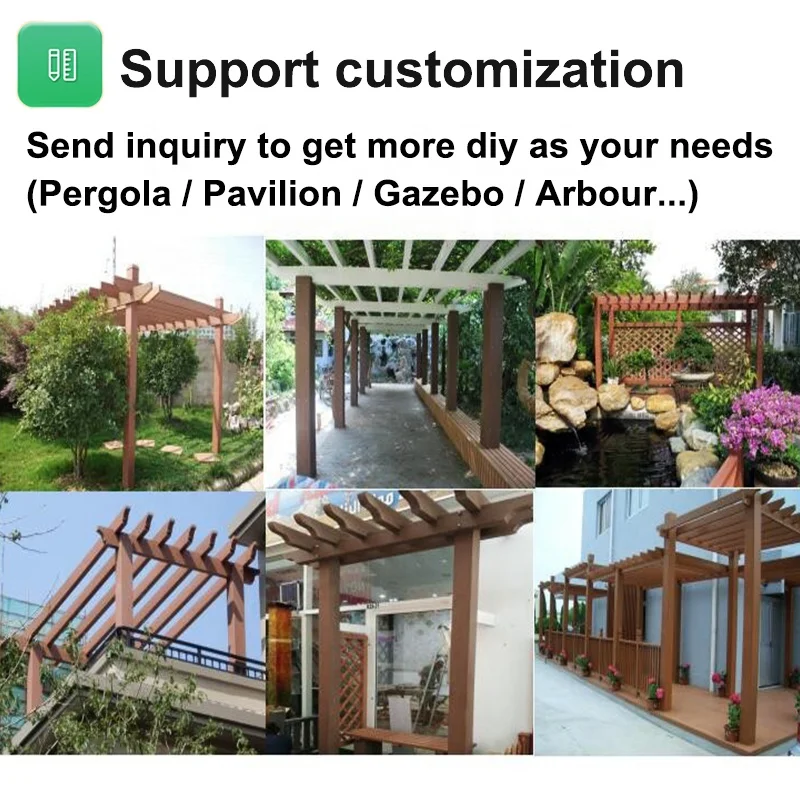 Outdoor WPC Pergola Woodgrain Tubes Rafter Beam Composite Timber Armrest Post WPC Decorative Large Gazebo Garden Pergola set
