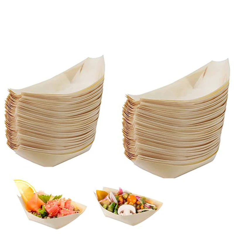 Factory French Fries Nachos Snack Hot Dog Taco Sushi Disposable Serving Tray Wooden Food Boat