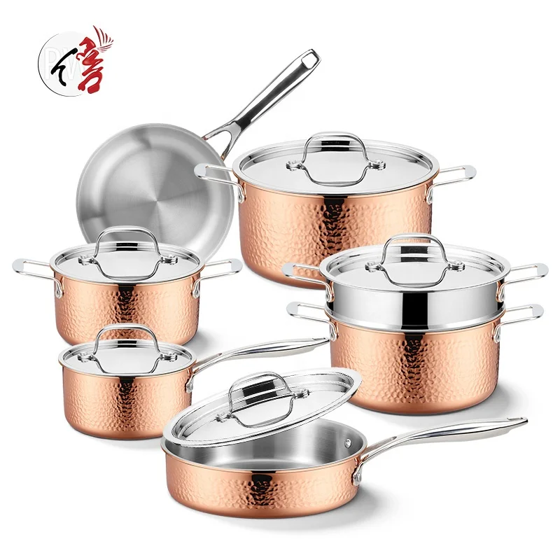 Wholesale 12pcs Cooking Pots And Pans Stainless Steel Copper Cookware Set With Hammered