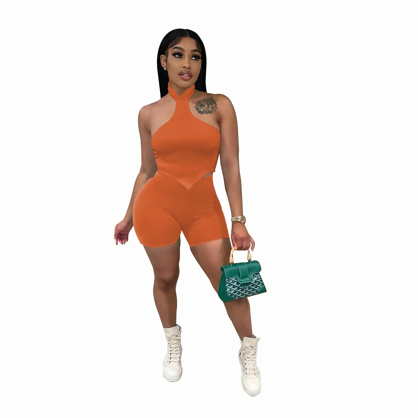 Solid Color Halter Backless Sleeveless Crop Top Biker Shorts Sets Summer Women Party Two Piece Short Set