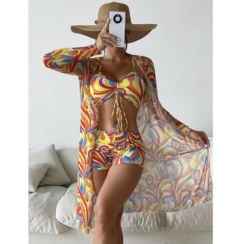 2024 Sexy Summer Mesh See Through Beach Wear Cover Ups Women Swimwear Swimsuit Beach Wear Cover Up Three Piece Bikini Set