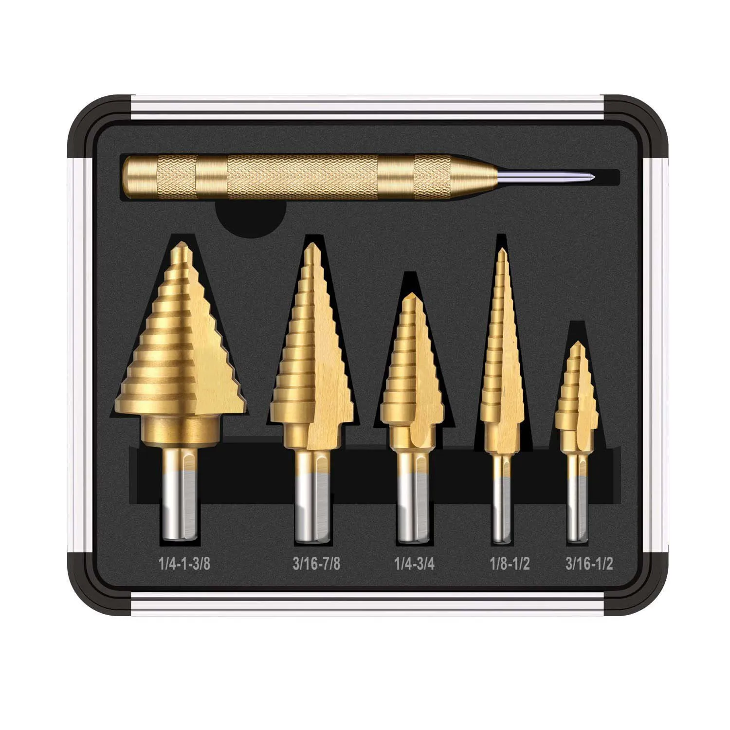Titanium plated 6pc imperial pagoda drill step drill high speed steel drill bit reamer set