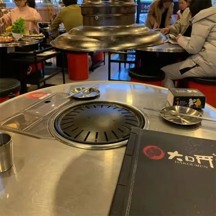 Customization hole sizes gas grill round bbq table Stainless steel restaurant barbecue table korean bbq grill table with stool