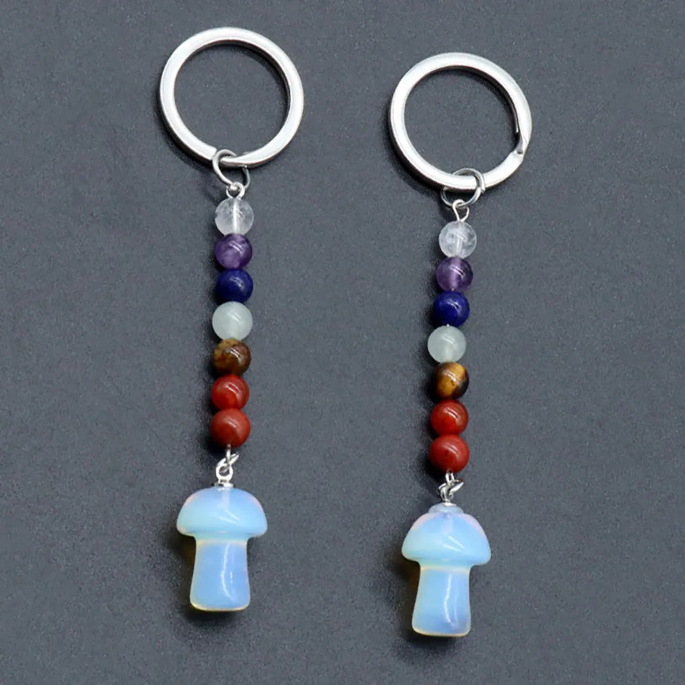 Cute crystal mushroom key chain wholesale natural crystal seven chakra stone key chain with mushroom