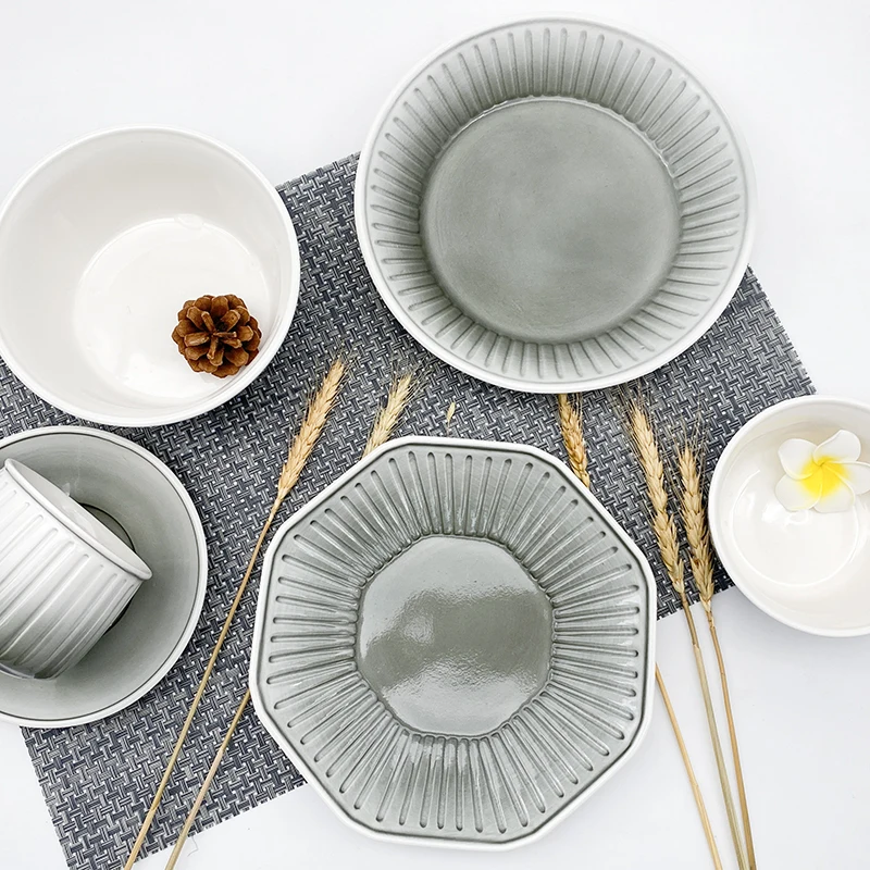 morden white and grey  plates and bowls plates and cups ceramic plate ceramic tableware