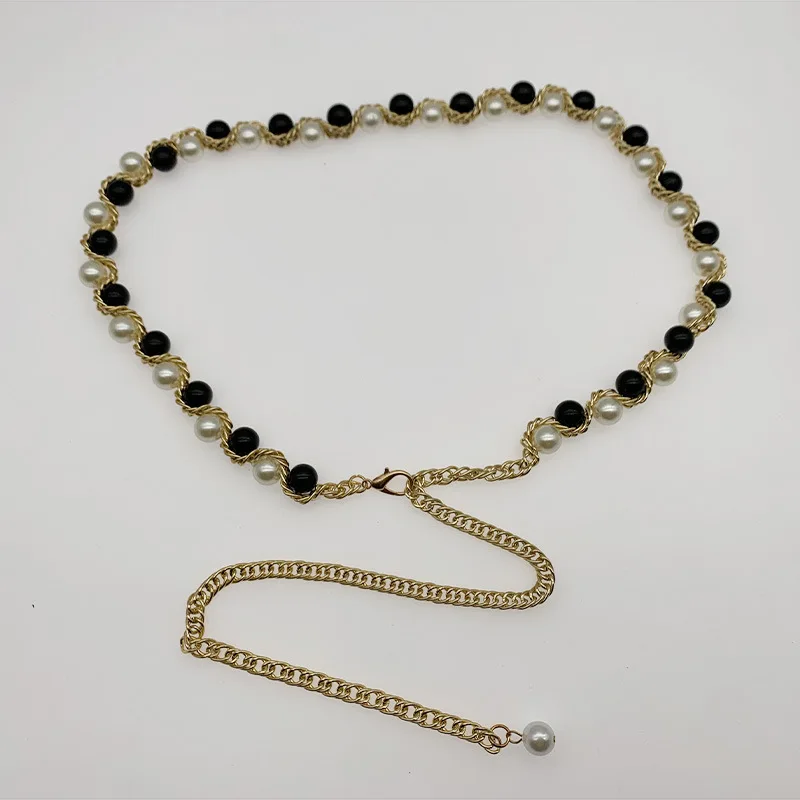 Adjustable Women Girls Pearl Beads Metal Waist Chain Belt Fashion Belly Jewelry for Ladies Dresses