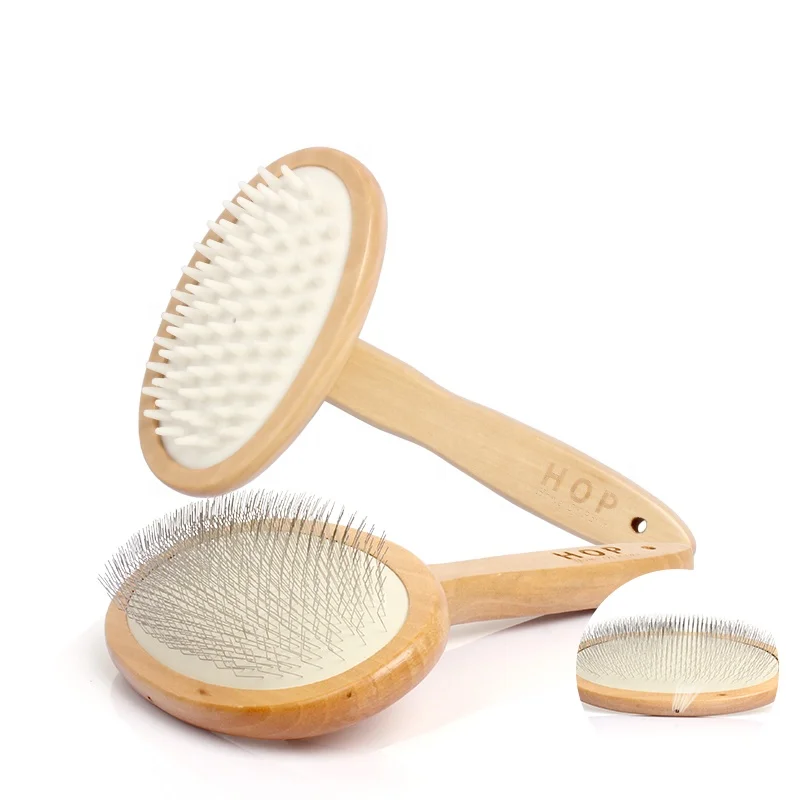 Factory Wholesale LOW MOQ Wood Handle Pet Massage Brush Long Pin Cat Dog Groooming Slicker Brush