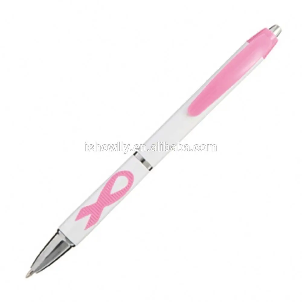 China Factory Hot Sale Plastic Pink Awareness Ribbon Grip Pens Breast Cancer Awareness Gift Favour Promotional Ballpoint Pen