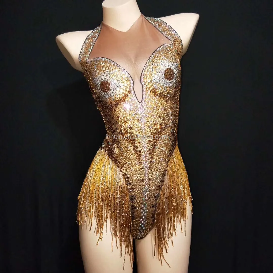 Sexy Rhinestone Stage Dance Bodysuit Nightclub DJ DS Dance Costumes Tassel Elastic Leotard Women Showgirl Performance Outfits