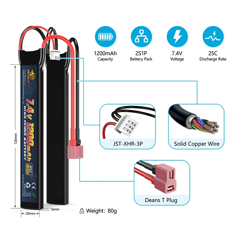 Melasta 7.4V 1200mAh NiMH RC Battery Pack with Deans T Plug connector, designed for Redcat Racing vehicles.