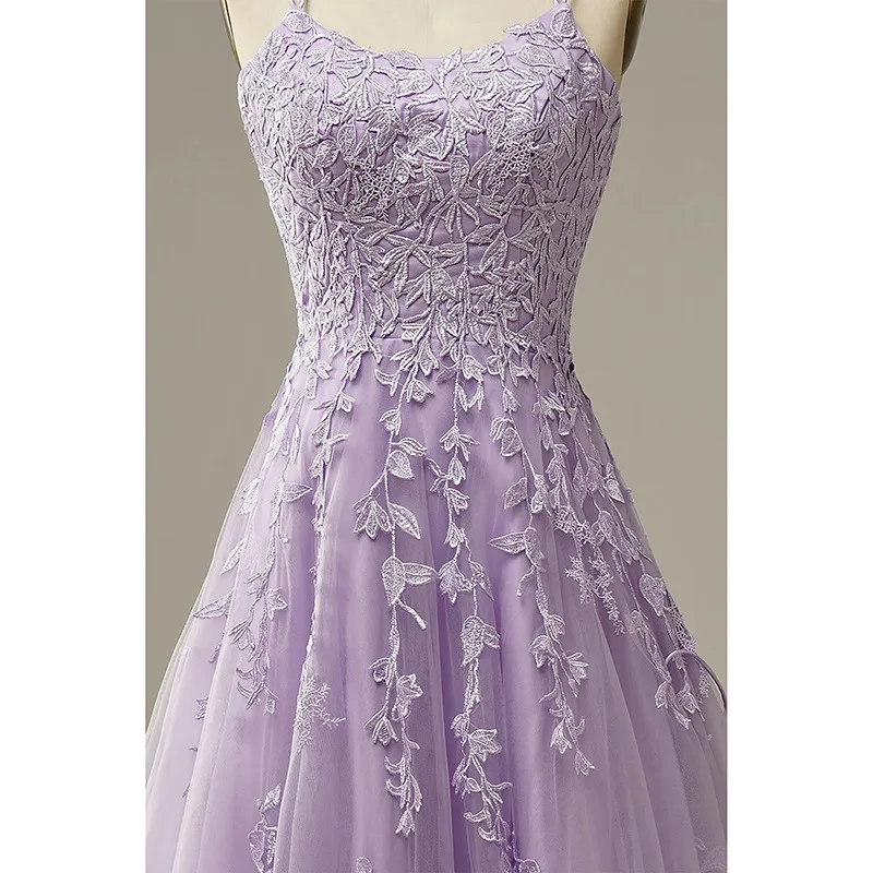 Romantic Long Applique Lace A Line Cross Backless Tulle Wedding Party Dress Spaghetti Strap Lilac Bridesmaid Dress