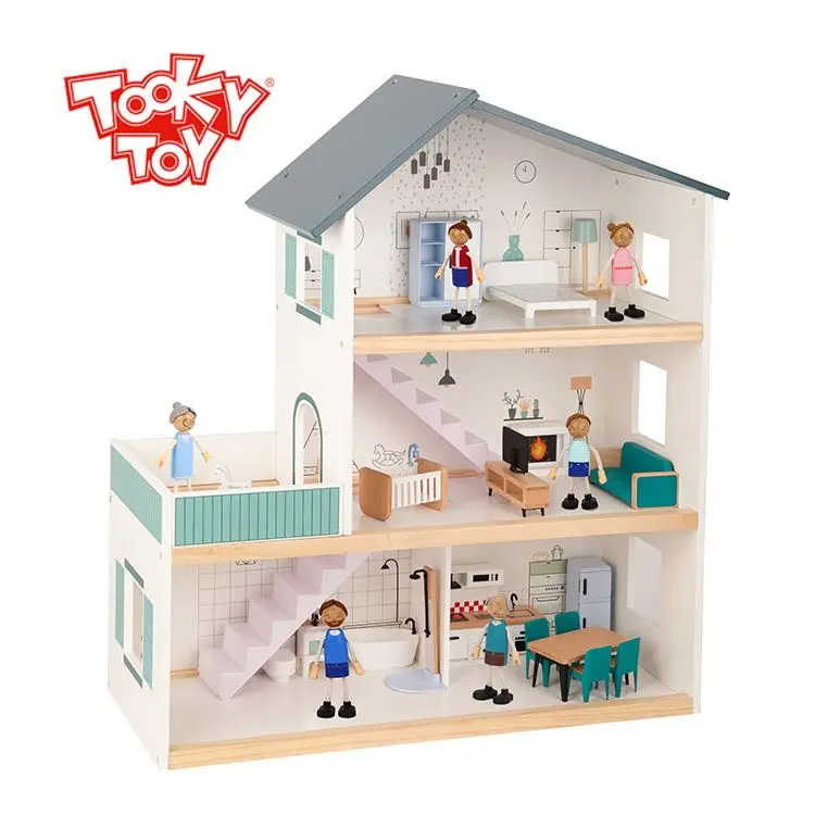 2024 New Furniture wooden toys Petend Play Game Kids Big Wooden Doll House For Children