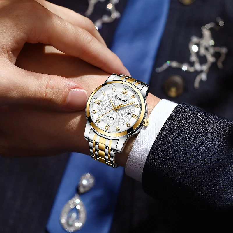 Diamond Scale New Steel Calendar Waterproof Simple Business Fashion Luminous Quartz Watches For Men
