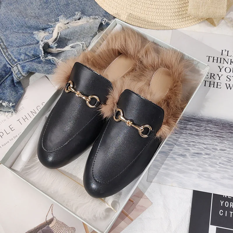 Winter rabbit fur and velvet Baotou half slippers female wild flat-bottomed lazy outer wear Muller shoes large size 41-44