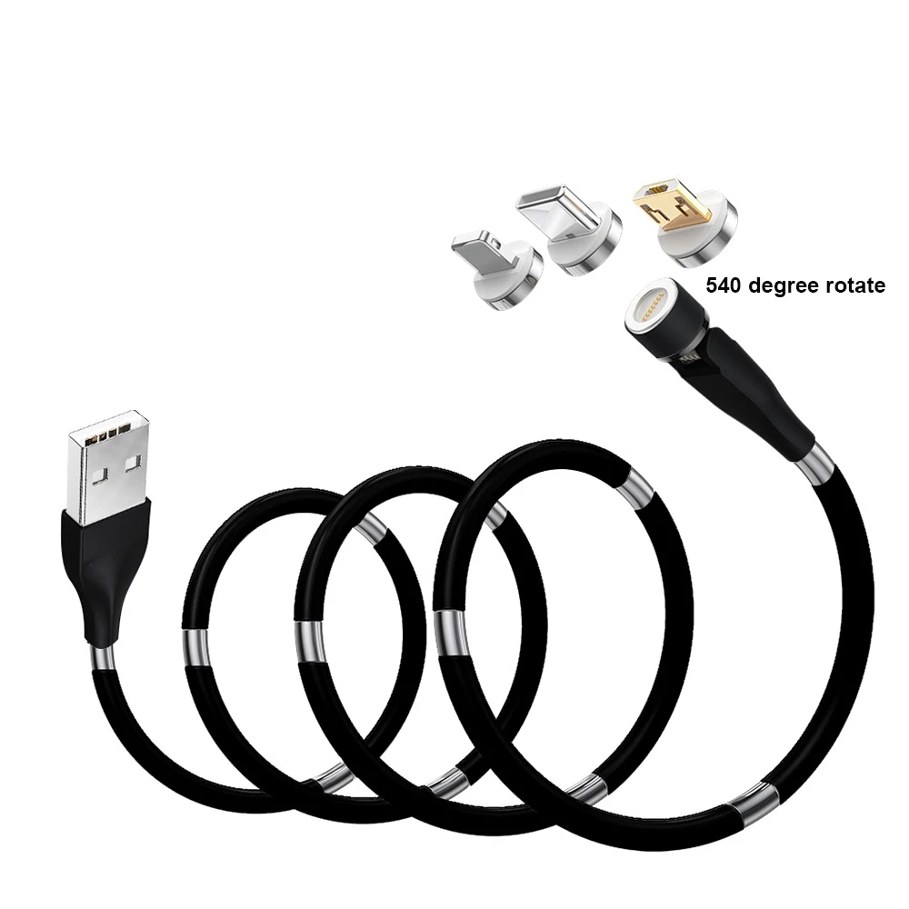 
New Arrival 540 Degree Rotate LED Fast Charging QC3.0 3A Supercalla Easy-Coil Magnet 3 in 1 Magnetic USB Cable 
