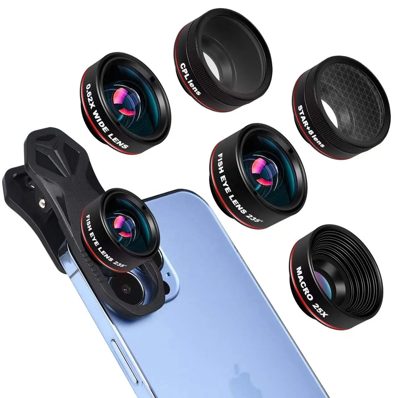 External lens 210 fish-eye  120  wide-angle + 25X macro star  + CPL 5-in-1 Mobile Lens Kit compatible with iPhone smart phone