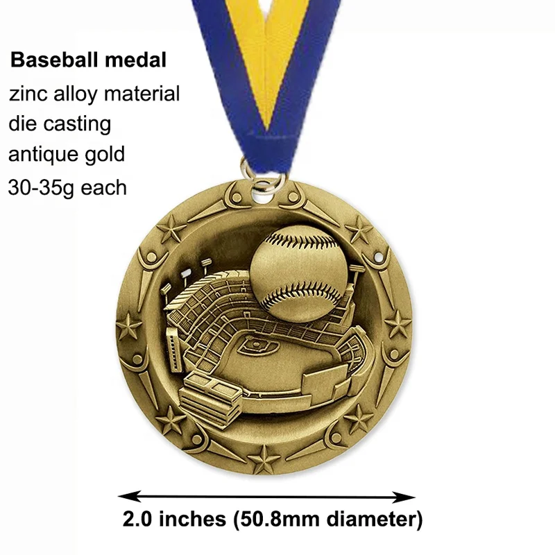 3D relief Metal zinc alloy zamak Sports Baseball competition championship gold silver bronze honor award Medal medallion trophy