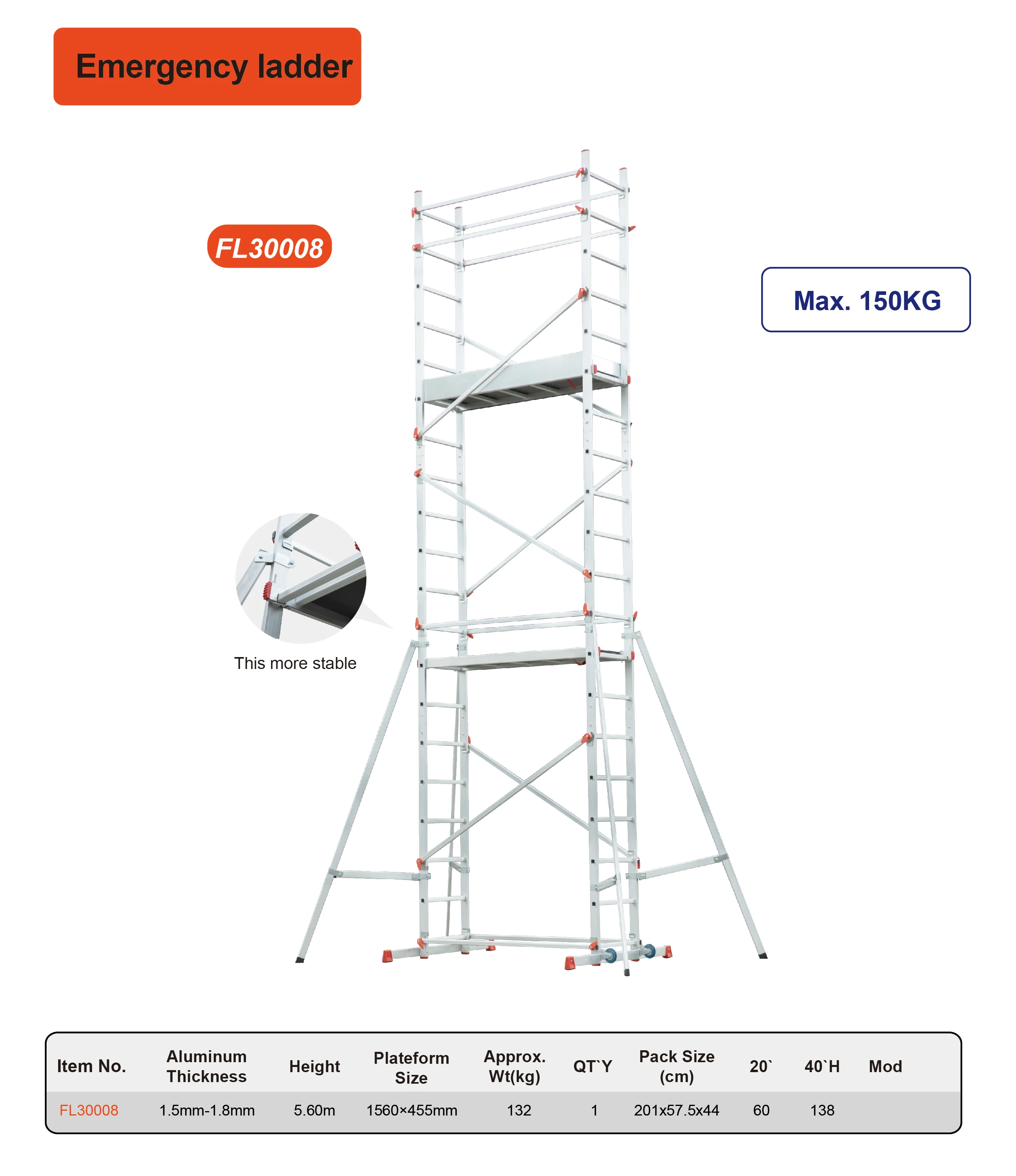 Hot sale 5.6M Aluminum Scaffold Ladder Platform Size 1560x455cm Capacity 150kg Scaffolding