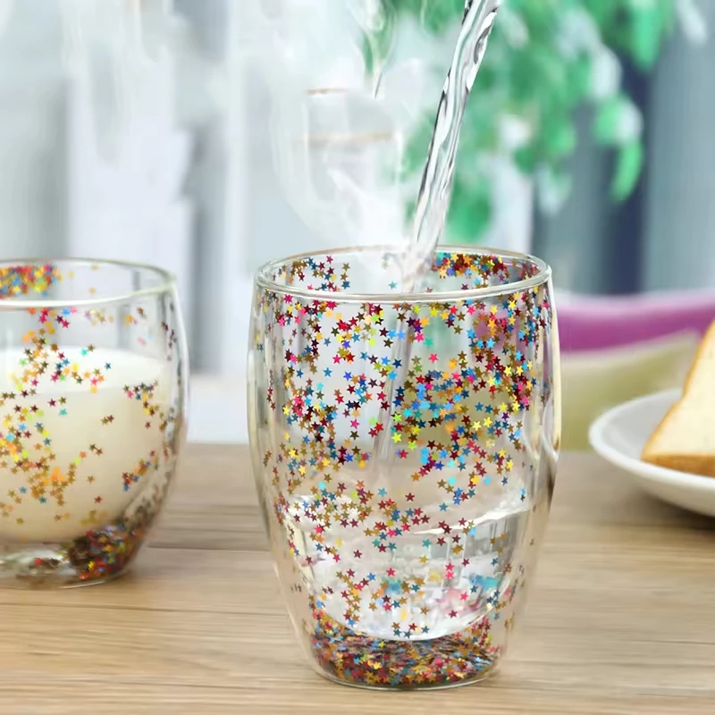 Glass Quicksand Coffee Mug High Borosilicate Double Layer Sequin Cup  Household Breakfast Milk Drinking Cups