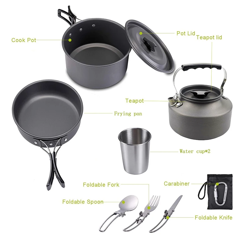 SIVI Outdoor Camping Equipment Kit Gas Cooking Range Pots  Teapot Pans Aluminum 2-3 Persons Cookware Set