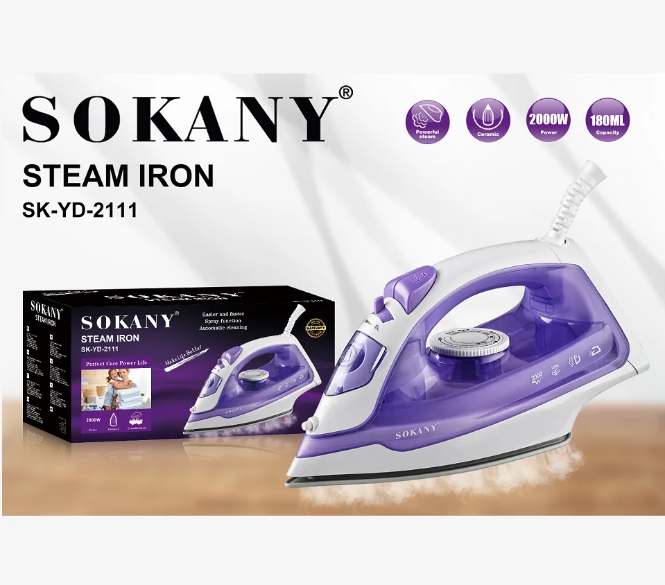 Sokany 2111 High Quality Iron 2000W Commercial Boiler Mini Steam Iron Travelling