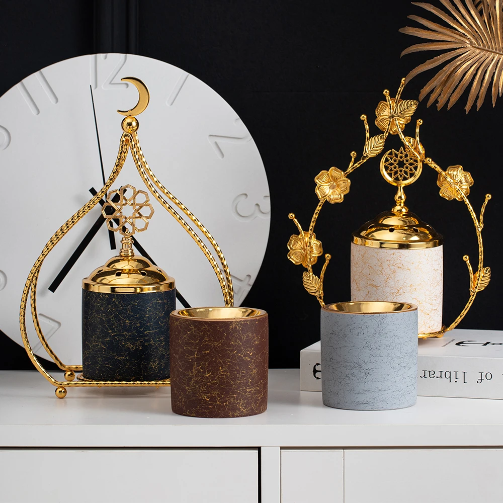 High quality luxury style middle east gold iron frame ceramic arabic incense burner for home decor